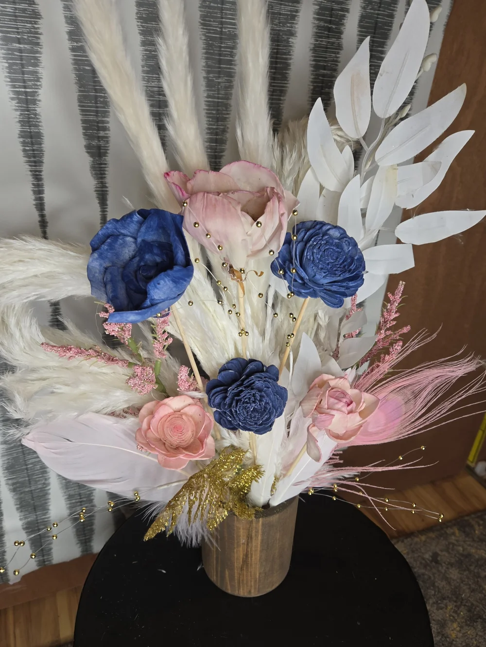 Navy Blue & Blush Pink Sola Wood Flower Arrangement with Feathers + Wood Vase
